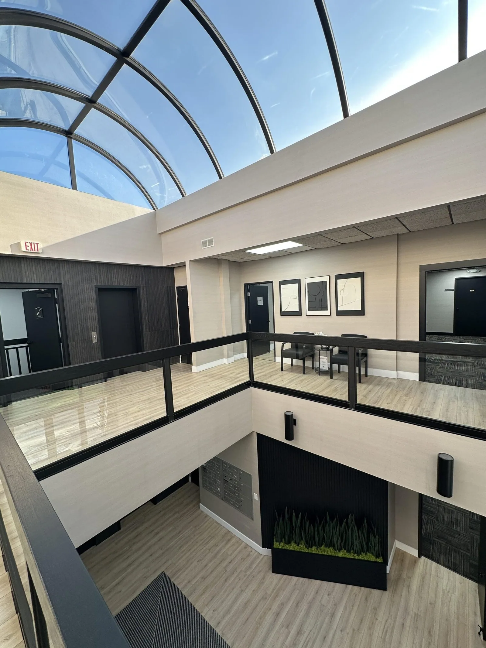 Second floor lobby with skylights