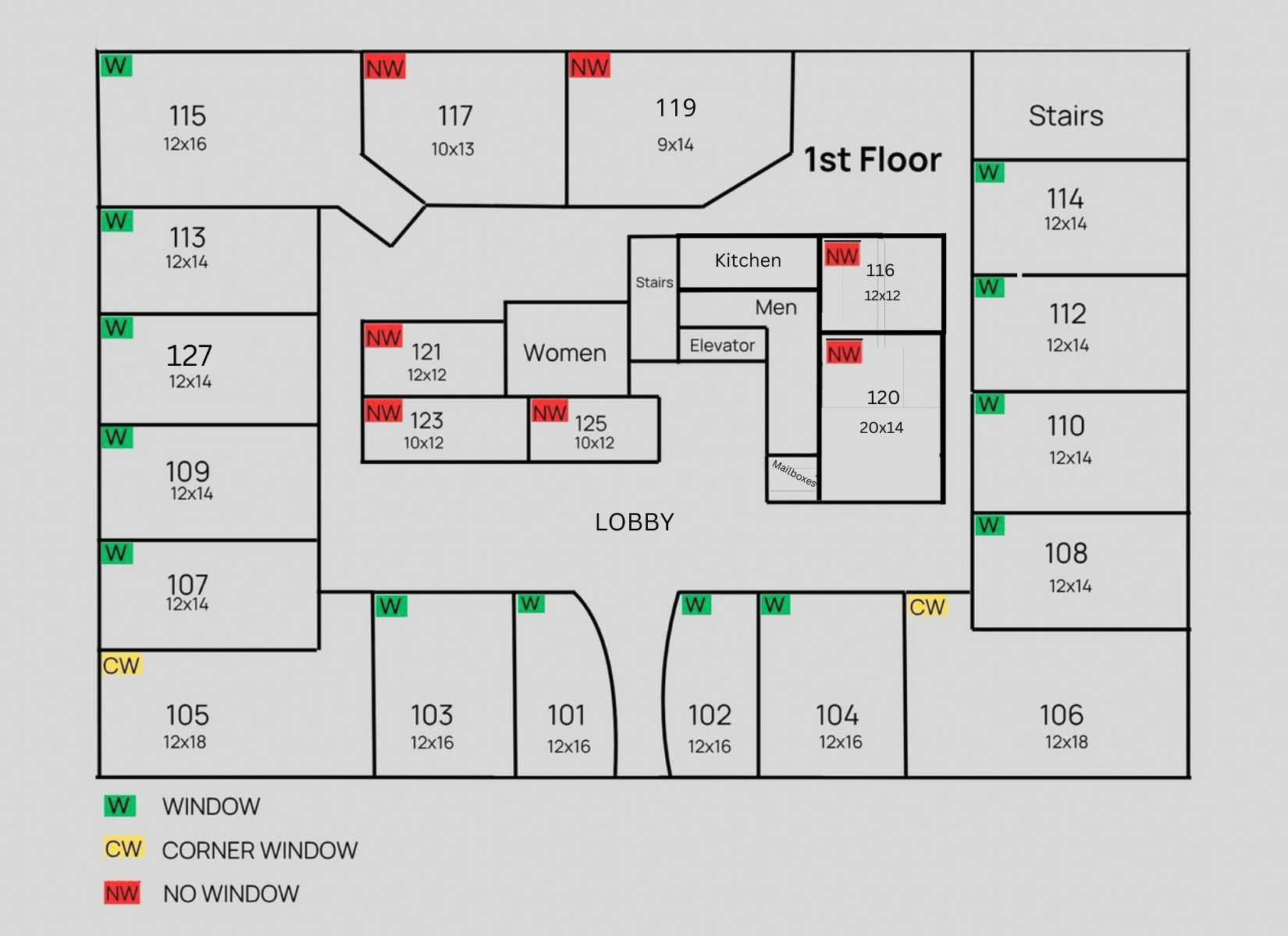1st floor plan of Z Novi Commons showing 22 office suites with dimensions and window labels, plus lobby, kitchen, mailboxes, elevator and restrooms.