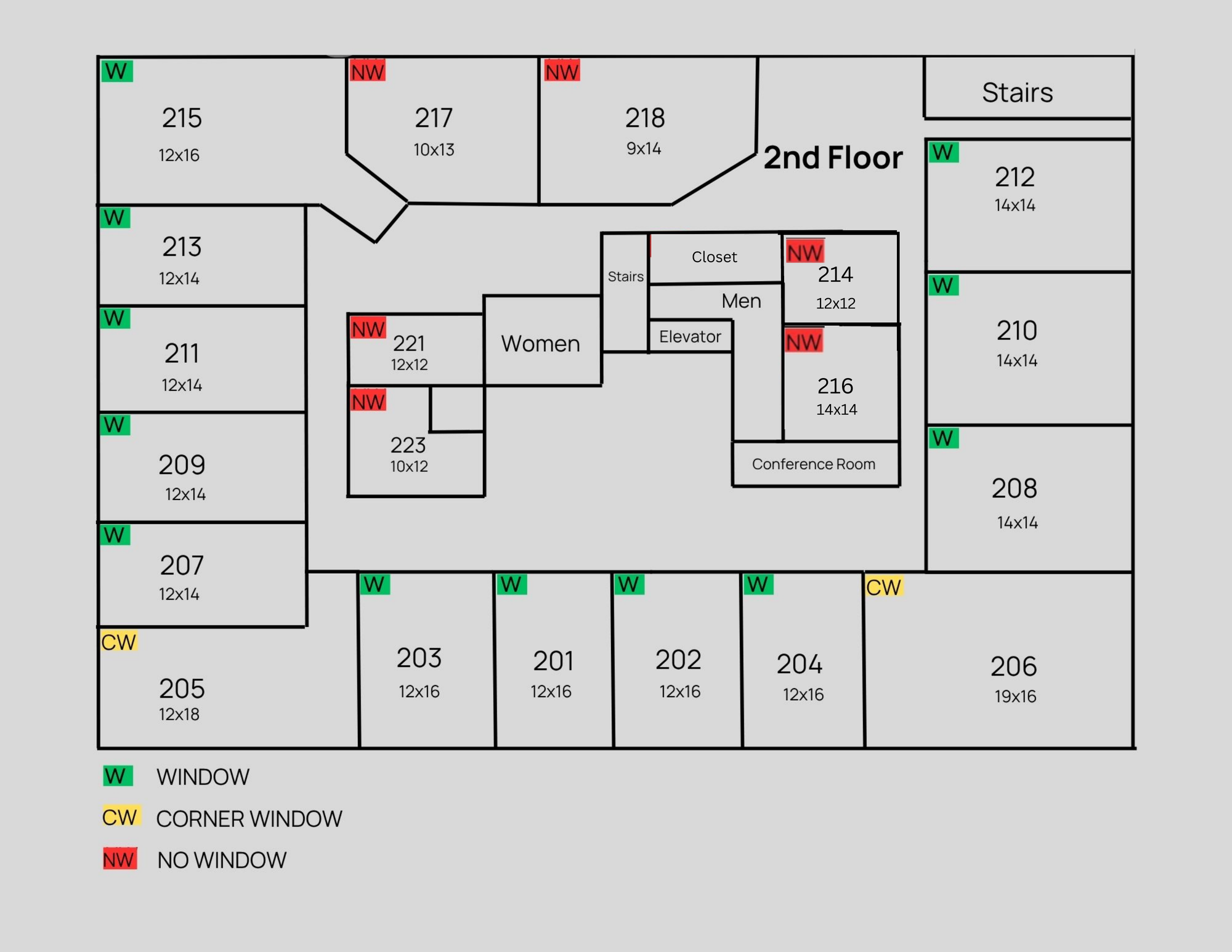 2nd floor plan of Z Novi Commons showing 20 office suites with dimensions and window labels, plus conference room, elevator and restrooms.